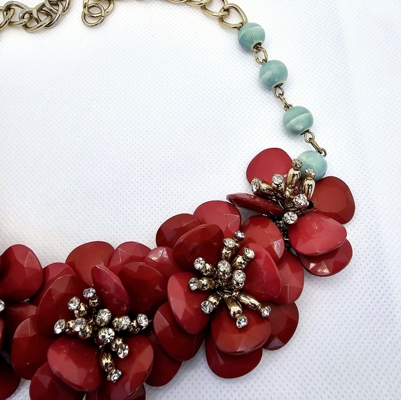 Anthropologie Camelia Red Flowers and 4 Blue Beads on Each Side Statement Piece! - Picture 3 of 3